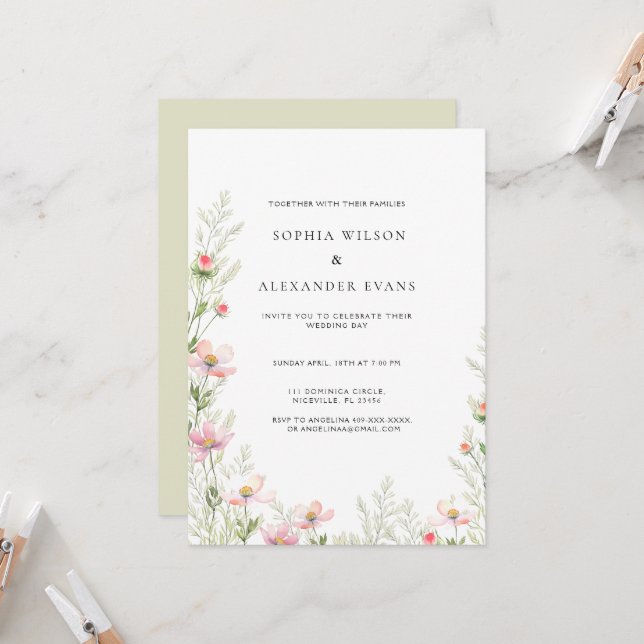 Faire-part de mariage fleur sauvage dans un romant (Devant/Arrière en situation)