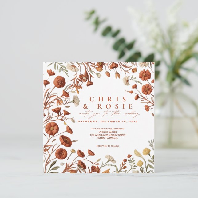 Faire-part de mariage fleur sauvage en terre cuite (Debout devant)