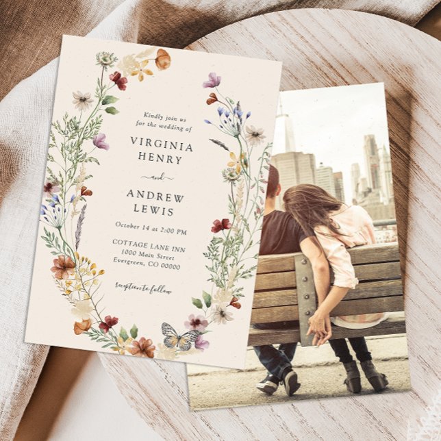 Faire-part de mariage Fleur sauvage Photo Boho (Photo Boho Wildflower Wedding Invitation
)