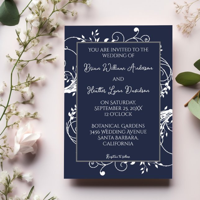 Faire-part de mariage fleurie bleu marine (Navy Blue Flourish Wedding Invitation)