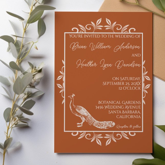 Faire-part de mariage fleurie de paon rouille (Burnt Orange Peacock Flourish Wedding Invitation)