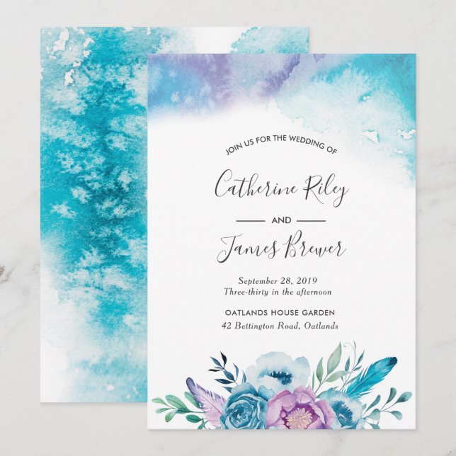 Faire-part de mariage fleurie mauve et bleue (Devant / Derrière)