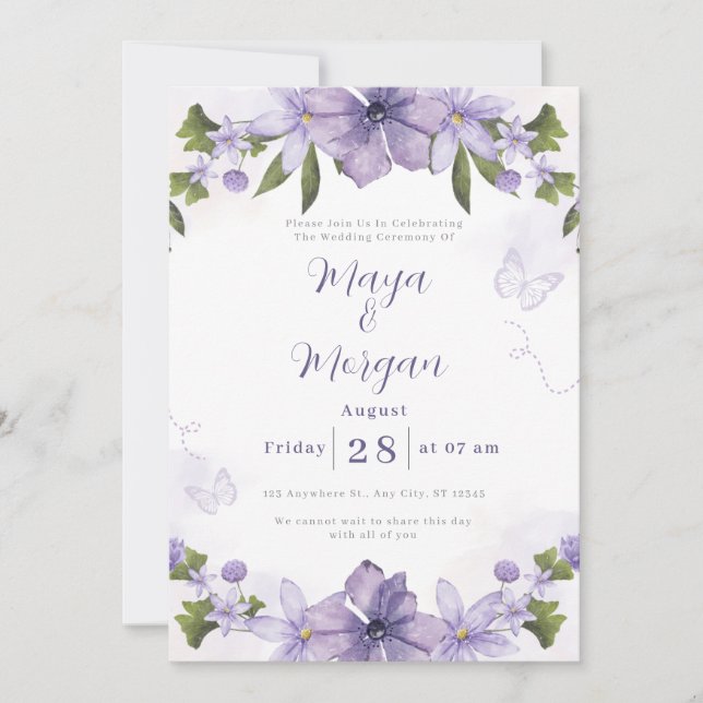 Faire-part de mariage fleurs boho blanches violet (Devant)
