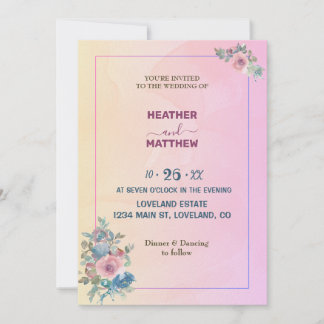 Faire-part de mariage Fleurs roses Bleu poussiéreu