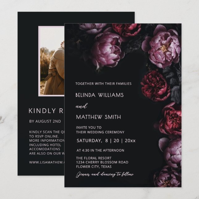Faire-part de mariage Fleurs Texturées Sombres Hum (Devant / Derrière)