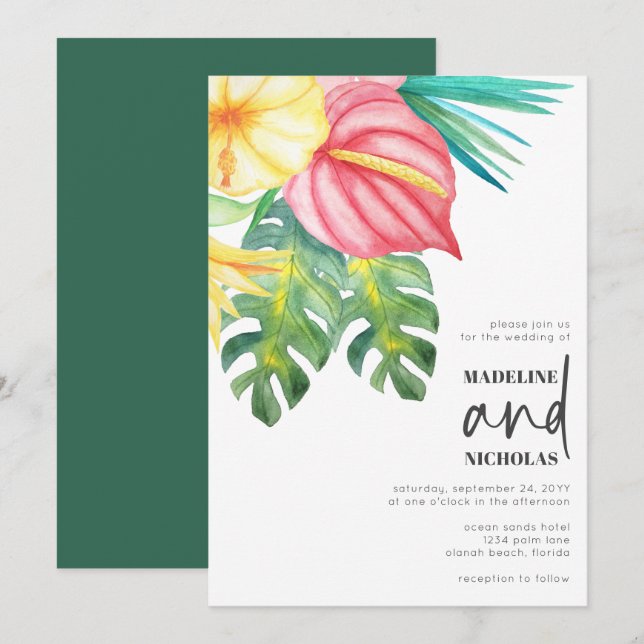 Faire-part de mariage Fleurs tropicales Verdure (Devant / Derrière)