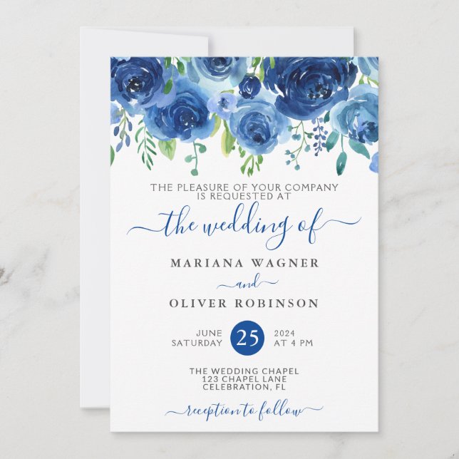 Faire-part de mariage floral aquarelle bleu marine (Devant)