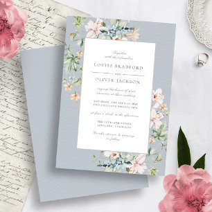 Faire-part de mariage floral aquarelle bleu poussi