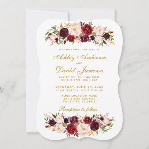 Faire-part de mariage floral aquarelle bordeaux BW