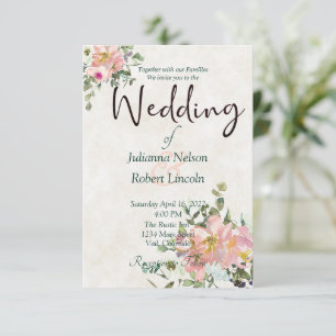 Faire-part de mariage floral aquarelle rose et coq