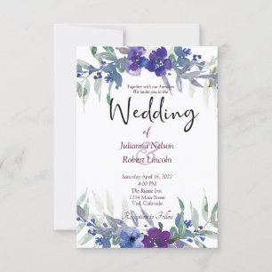 Faire-part de mariage floral aquarelle violet et b