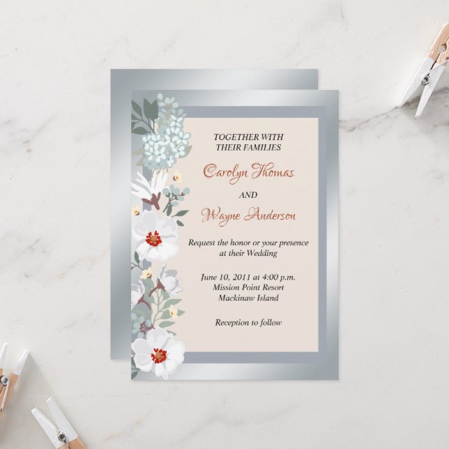 Faire-part de mariage floral argenté et rouille (Devant/Arrière en situation)