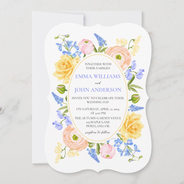 Faire-part de mariage floral aux fleurs pastel (Devant)