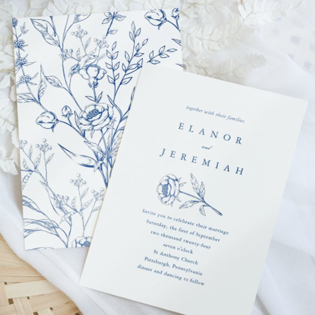 Faire-part de mariage floral blanc et bleu chic (Créateur téléchargé)