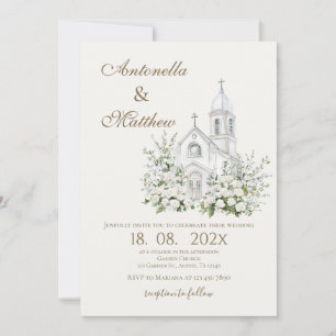 Faire-part de mariage floral blanc et église