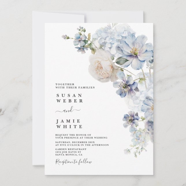 Faire-part de mariage Floral Bleu (Devant)