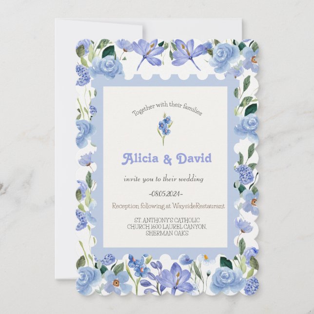 Faire-part de mariage Floral Bleu. (Devant)
