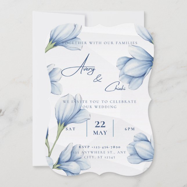 faire-part de mariage floral bleu (Devant)