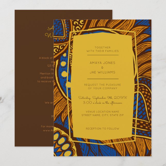 Faire-part de mariage Floral Bleu Ankara Africain (Devant / Derrière)