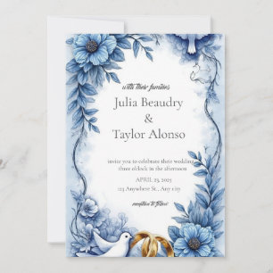 Faire-part de mariage floral bleu avec colombe bla