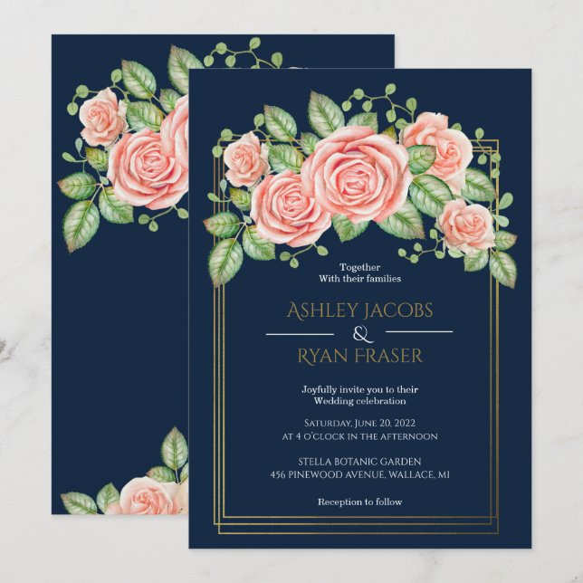 Faire-part de mariage floral bleu bleu marine (Devant / Derrière)