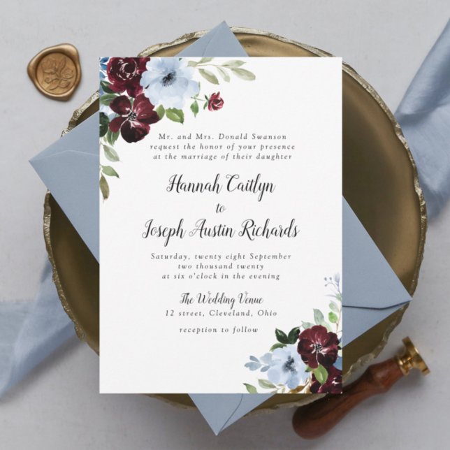 faire-part de mariage floral bleu bordeaux (Créateur téléchargé)