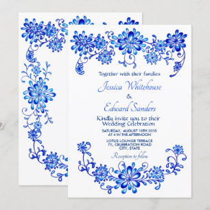 Faire-part de mariage floral bleu de la marine