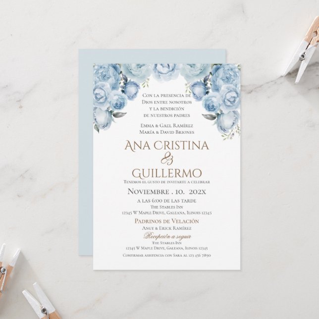 Faire-part de mariage Floral Bleu Espagnol (Devant/Arrière en situation)