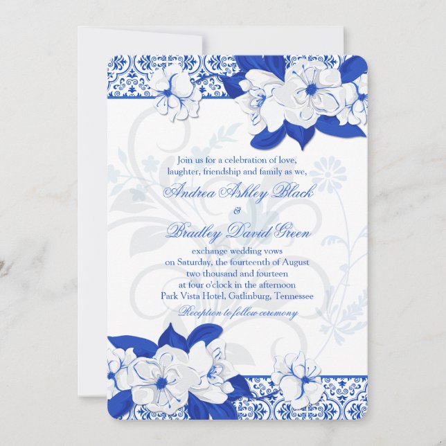 Faire-part de mariage floral bleu et blanc de coba (Devant)