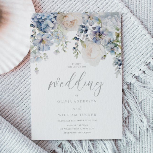Faire-part de mariage floral bleu et blanc Dusty (Créateur téléchargé)