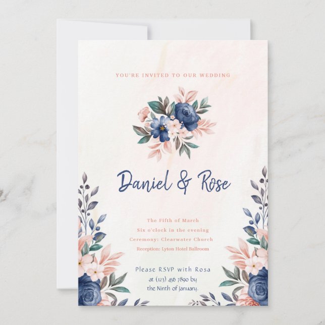 Faire-part de mariage floral bleu et rose (Devant)