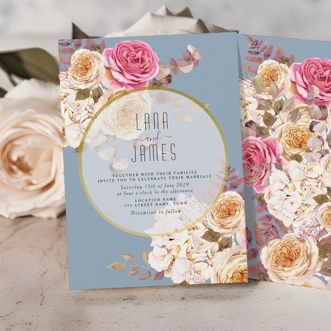 Faire-part de mariage floral bleu foncé rose (Créateur téléchargé)