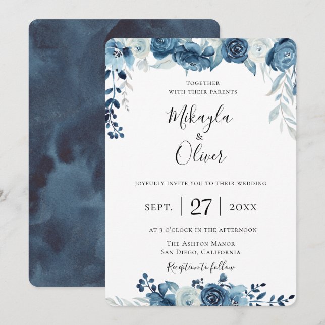 Faire-part de mariage floral bleu marine (Devant / Derrière)
