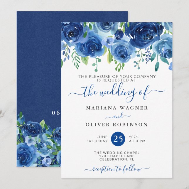 Faire-part de mariage floral bleu marine (Devant / Derrière)