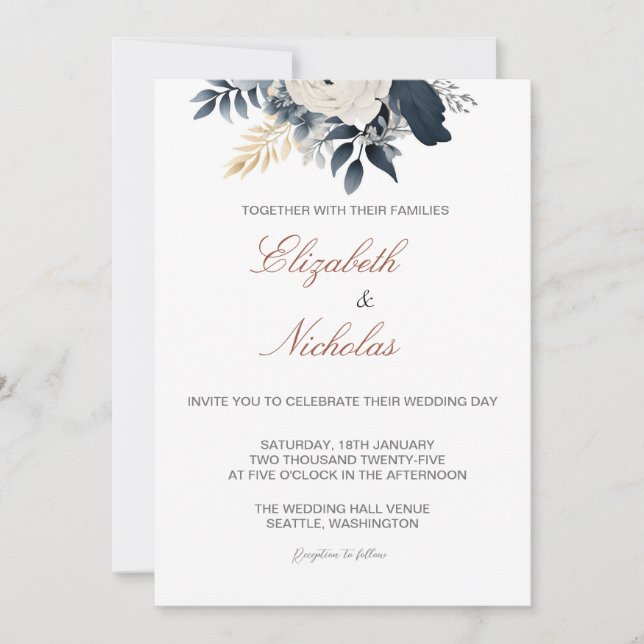 Faire-part de mariage floral bleu marine et argent (Devant)