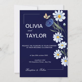Faire-part de mariage floral bleu marine et bleu c