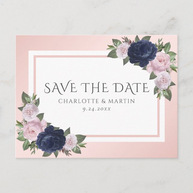 Faire-part de mariage floral bleu marine et rose (Devant)