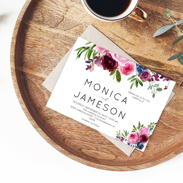 Faire-part de mariage floral bleu marine et rose c (Créateur téléchargé)