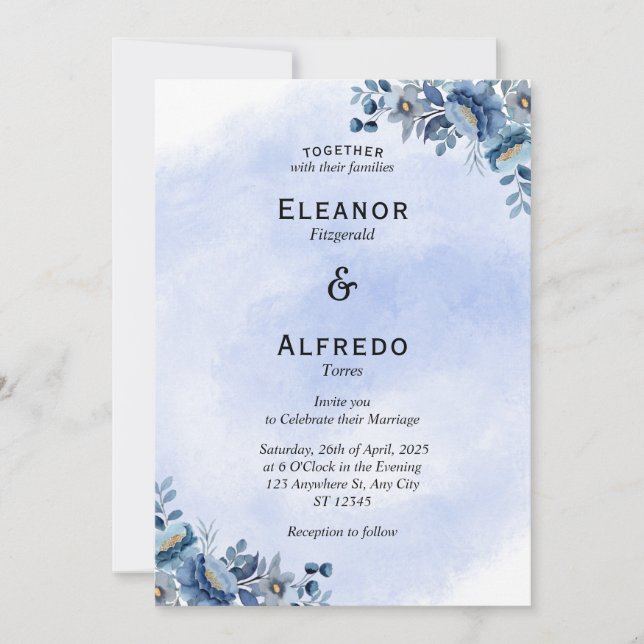 Faire-part de mariage Floral bleu moderne (Devant)