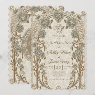 Faire-part de mariage floral bleu or