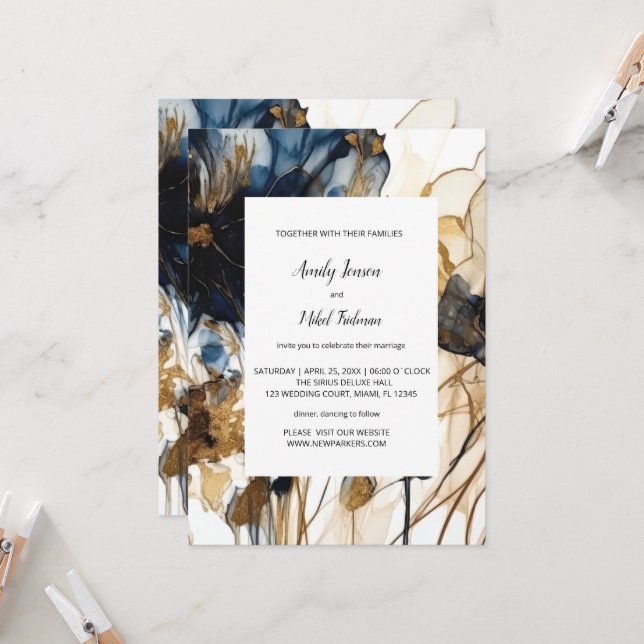 Faire-part de mariage floral bleu or marine (Devant/Arrière en situation)