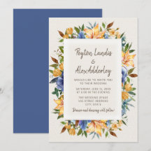 Faire-part de mariage floral bleu orange moderne e
