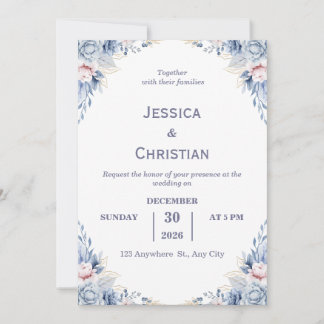 Faire-part de mariage floral bleu poussiéreux 