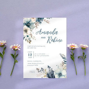 Faire-part de mariage floral bleu poussiéreux
