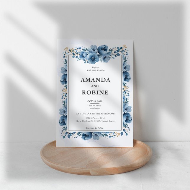 Faire-part de mariage floral bleu poussiéreux (Créateur téléchargé)
