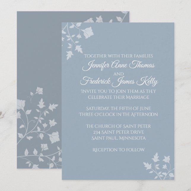 Faire-part de mariage floral bleu poussiéreux (Devant / Derrière)