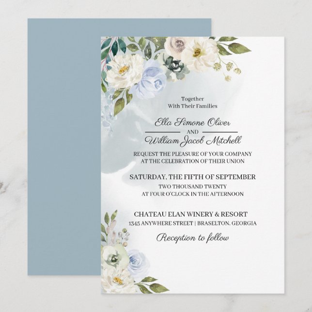 Faire-part de mariage Floral bleu rustique (Devant / Derrière)