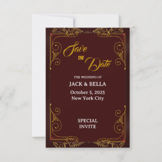 Faire-part de mariage floral bordeaux et or