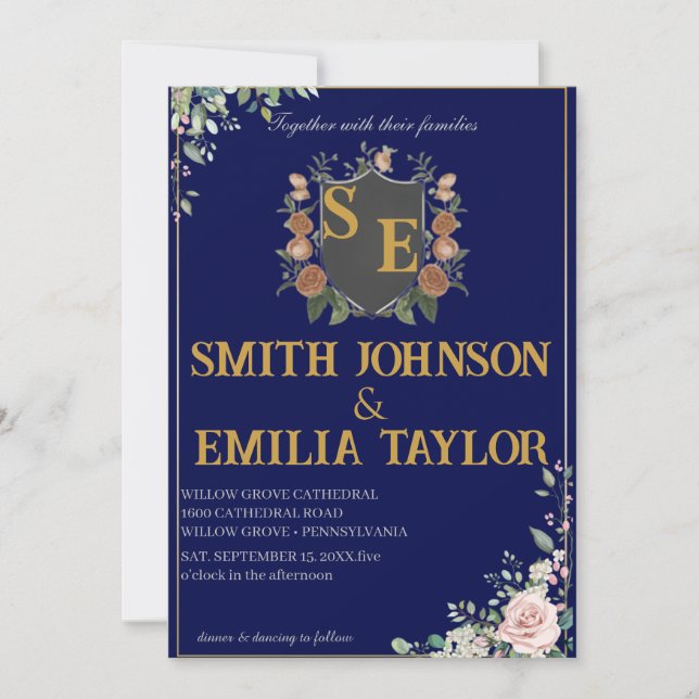 Faire-part de mariage Floral Classique Monogram Cr (Devant)