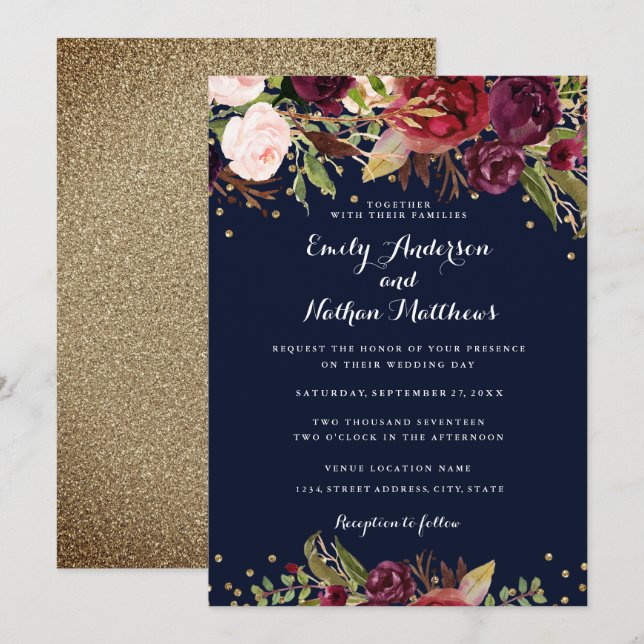 Faire-part de mariage Floral Confetti de la marine (Devant / Derrière)